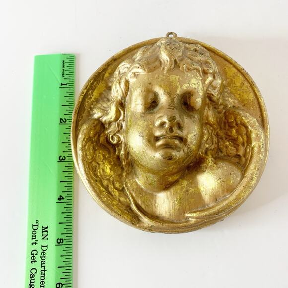 Vintage Gilded Gold Angel Ornament 5" Circle 3D Relief Christmas Blow Mold - Picture 4 of 5